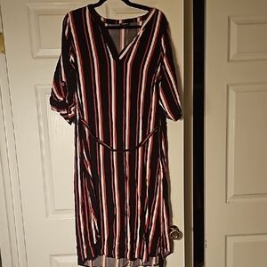 Red Striped V-Neck Dolman Sleeve Midi Dress